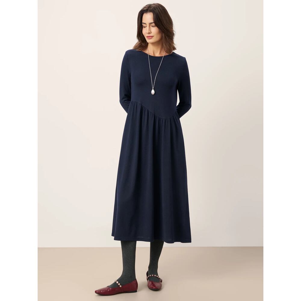 Lintico Wool Asymmetric Curved Cut Maxi Dress Size Medium Navy Blue Minimal Nwt
